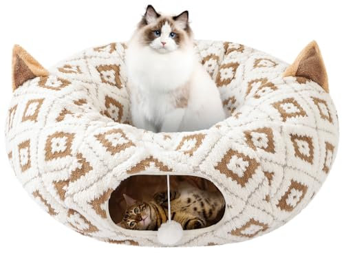 Cat Tunnel Bed for Indoor Cats, Cat Donut Tunnel with Washable Cushion, Peekaboo Cat Cave Toy, Multifunctional Playground Toys for Kittens, Rabbit, Brown Jacquard Pattern