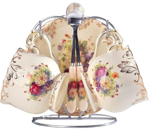 ZFQ Tasse de Tasse à thé en céramique avec cuillère, porcelaine anglaise Motif lotus vintage rétro pour thé, café, tasses à thé, tasses à café florales,pour 2 personnes