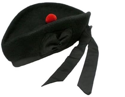 Tartancity Klassische schottische Balmoral-Kappe, 100 % Wolle, traditionelles Design, schwarze Piper-Glengarry-Hüte mit rotem Bommel