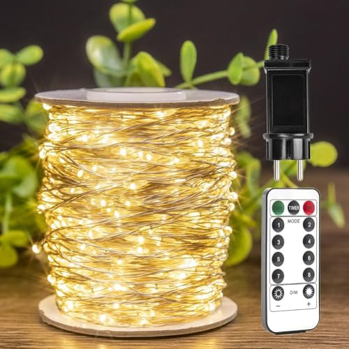 ZELUXDOT Luces de Hadas LED Enchufables 50m, espacio de 5 cm entre luces, luces de cadena impermeables blanco cálido 1000 LEDs con control remoto para decorar la sala de estar, trasero,boda o Navidad