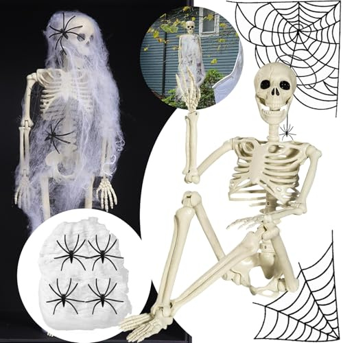 Halloween deko Skelett Set, 1 Stück 40cm Halloween Skelett und 40g Weiß Spinnennetz, für Outdoor Garten Innen Karneval Horror Party Hängende Gruselig Deko