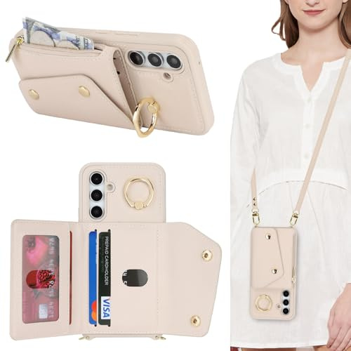 Lipvina Coque pour Samsung Galaxy A54 avec Cordon Porte Carte Coque zippé Portefeuille Femme Telephone Portable Réglable Collier Housse Étui avec Anneau pour Femmes - Blanc