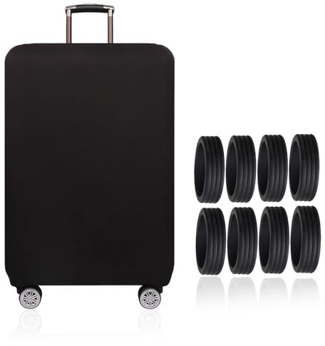 Elastisch Kofferhülle, Koffer Schutzhülle Schwarz Kofferschutzhülle mit 8 Stück Gepäckradschutz Silikon Waschbarer Reise Kofferschutzhülle Kofferbezug Schutzhuelle (22-24 Zoll)