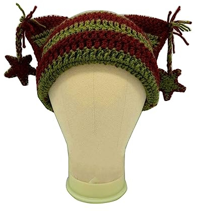 Maxtonser Strickmütze für Damen, Anime-Ohr, Sternenhut, Häkelwolle, Garn, Mädchen, Mütze, Mode, weibliche Mütze, Teenager, Kopfbedeckung, Armeegrün, Rot