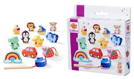 Eichhorn – Games – Fädelspiel mit 13 verschiedenen Formen zum Auffädeln, Motorikspielzug für kreative Spielstunden, aus Birkenholz, ab 3 Jahren