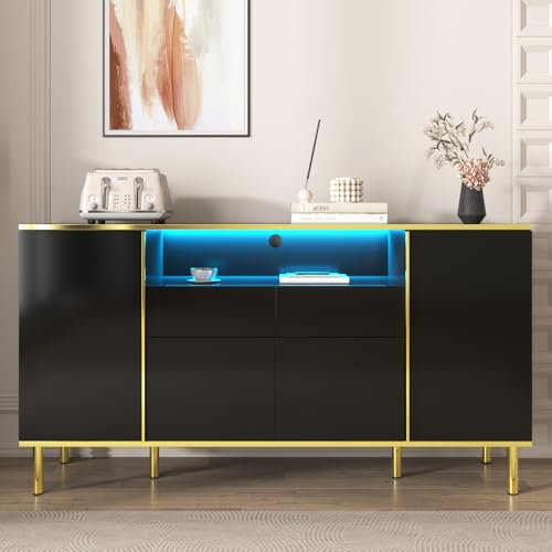 OCACA Sideboard,Hochglänzendes schwarzes Schubladen kommode mit 2 Schubladen Kommode Schlafzimmer Schubladenschrank, Hochglänzendes schwarzes Sideboard-B150/T40 /H80cm (Schwarzes)