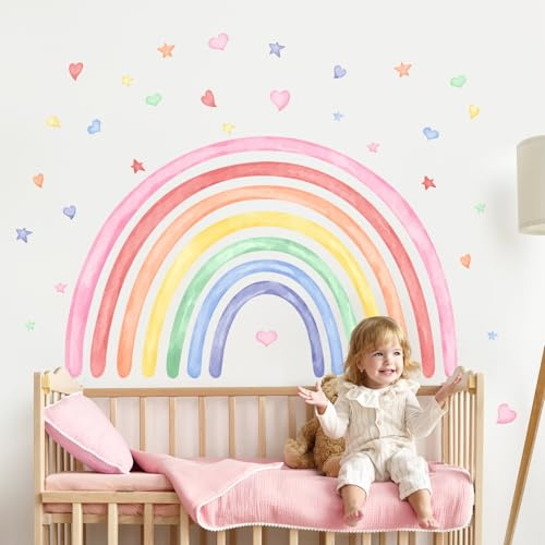 Supzone Wandtattoo Bunte Regenbogen 107x66cm Mädchenzimmer Wandaufkleber | Aquarell Regenbogen Herzen Sterne Wandsticker Selbstklebende für Mädchen Kinderzimmer Babyzimmer Schlafzimmer Wanddeko
