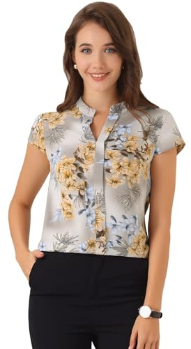 Allegra K Chemisier en Satin Femme à Fleurs Blouse de Bureau soyeuxet à col Montant Chic et élégante Gris S
