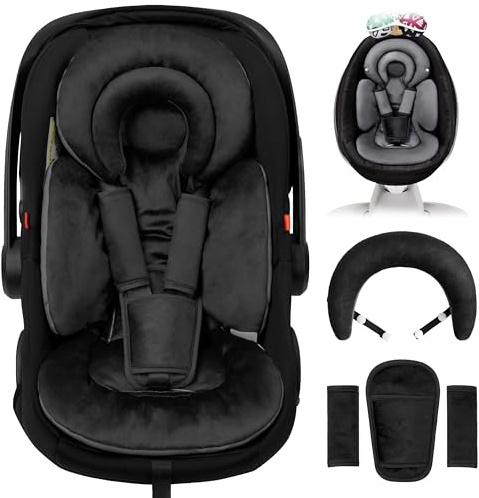 TinlyFinly Infant Car Seat Insert with Removable Cushion for Preemie to Toddler, Reversible Newborn Carseat Insert for Baby Head Body Support, Fits for Stroller, Baby Swing, Bouncer (Pure Black)