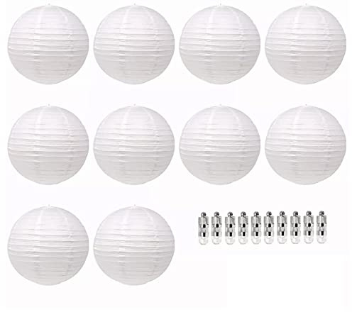 Farolillos chinos redondos de papel blanco, linternas decorativas con 10 luces LED, para decoración de fiesta de boda, fiesta de Navidad