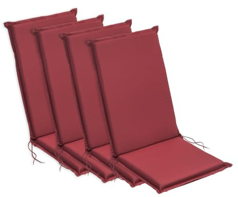 sleepling Hochlehner Auflagen 4er Set, Sitzauflagen, 120x50 cm, Rot | bequeme Gartenstuhlauflagen, Stuhlauflagen für Gartenmöbel, waschbar, Befestigungsbänder, 6 cm dick, OEKO-TEX, Made in EU