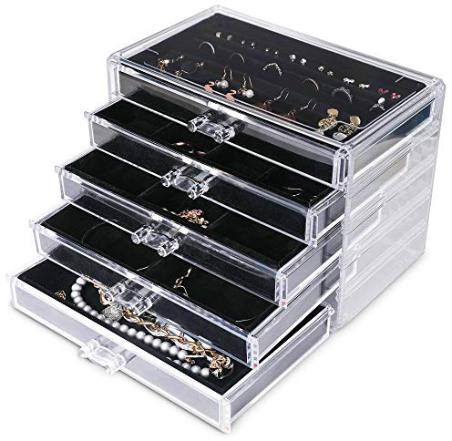Frebeauty Extra Large Acrylic Jewellry Box for Women 5 Layers Clear Jewellry Organiser Velvet Earring Box with 5 Drawers Rings Display Case Necklaces Holder Tray for Women Girls (Black)