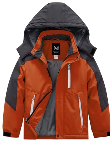 KVE Boys' Waterproof Ski Jacket Outdoor Recreation Thick Winter Coat Hooded Raincoats Orange and Dark Grey 8