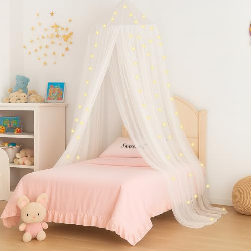 Vicloon Bed Canopy, Mosquito Net for Single Beds, Princess Canopy, Round Dome Hanging Bed Curtains for Girls Room Decor (White)