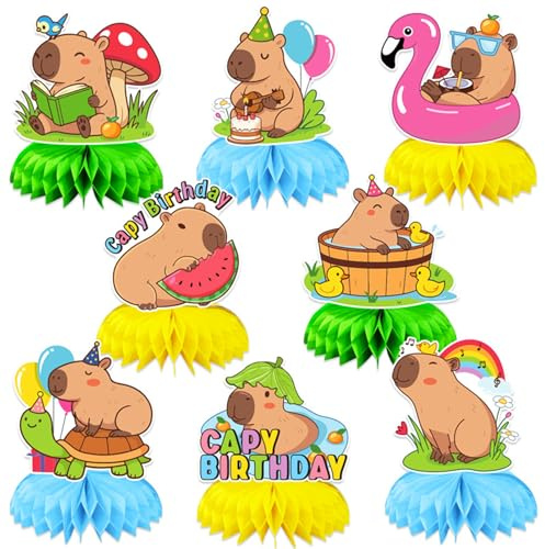 KASESSS 8 Stück Capybara Waben Tischdeko Geburtstag, Papier Capybara Geburtstag Deko Tisch, Geburtstagsdeko Tisch Waben, Niedlich Happy Birthday Tischdeko für Party Deko Geburtstag Mädchen Jungen