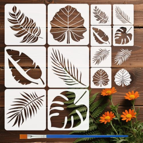FINGERINSPIRE 12 Pz Stencil per Pittura a Foglia Tropicale con Pennello, 15x15cm/30x30cm Stencil Riutilizzabili con Foglie di Palma e Felce Stencils di Disegno a Tema Vegetale per Decorazioni Murali
