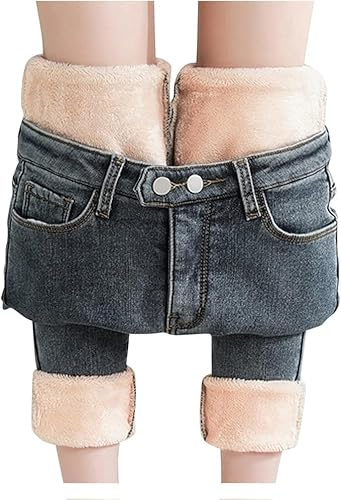 Dam vinter fleece fodrade jeggings hög midja varma smala jeans stretch foder byxor, B2, M