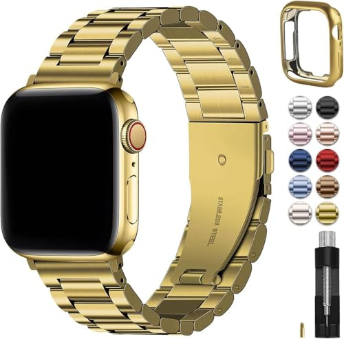 Fullmosa Metallarmband für Apple Watch Ultra 49mm mit Gehäuse | Edelstahl Ersatzarmband für iWatch Ultra 3 2 1 Damen Herren, mit S-Glieder für Präzise Feinanpassung, Gold