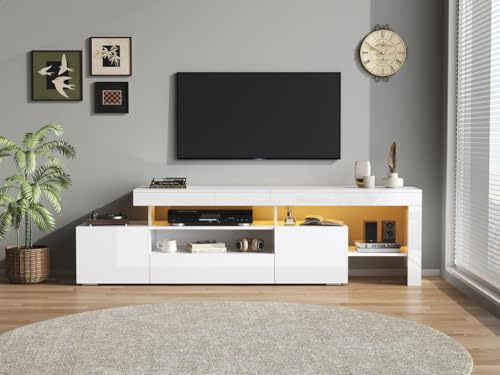 BLOCKTOY Meuble TV 192 * 37 * 53Cm avec 3 placards, Support TV et Meuble TV avec LED, lowboard laqué et Table de télévision pour téléviseur jusqu'à 85 Pouces, Blanc