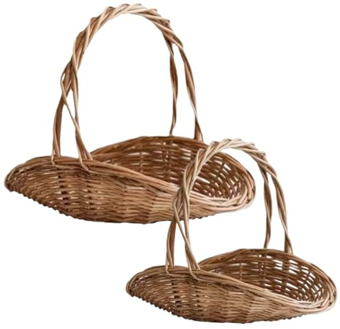2 cestini in vimini naturale con manici, cestini per la raccolta da giardino per verdure e fiori, contenitori multiuso per picnic e decorazioni pasquali