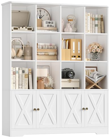FirFurd Bücherregal mit Türen, Bücherschrank mit 12 Fächern, Weiß | Bücherschrank mit Türen Bücherregal Kinder Wohnzimmerschrank Hochschrank für Büro, Arbeitszimmer, Jugendzimmer 185x27x120cm