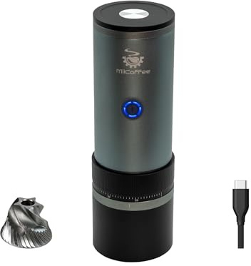 MiiCoffee PT2 Molinillo de café eléctrico portátil, molinillo cónico de acero inoxidable recargable USB-C, cuerpo de aluminio con cepillo de limpieza incluido