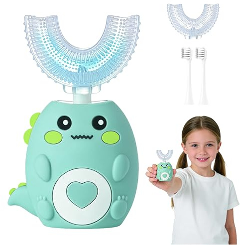 Kids Electric Toothbrush U Shaped, 360º Ultrasonic Toothbrush with Smart Timer & 3 Cleaning Modes, IPX7 Waterproof, Toddler Electric Toothbrush with 4 Brushs Head (Green)