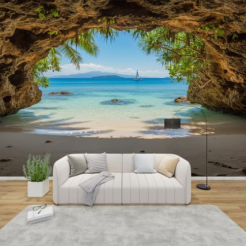 AevuCub Tapete Strand Meer, Fototapete Hawaii Schlafzimmer, Tapeten Vliestapete Tropische Landschaft Wohnzimmer, Wandtapete Kinderzimmer Strandmotiv Wanddeko, Mustertapete Vlies 416 x 254 cm (B x H)