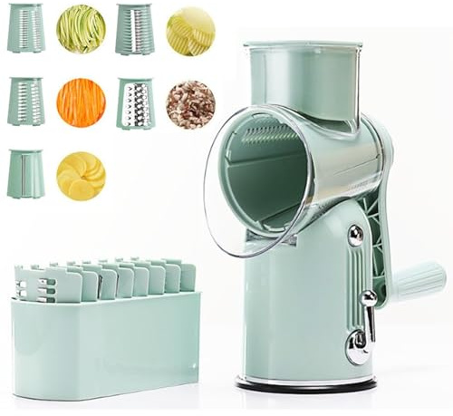Rallador de verduras, cortador giratorio de manivela con almacenamiento de cuchillas, 5 cuchillas reemplazables, fácil de desmontar y limpiar, ideal para patatas, zanahorias y frutas
