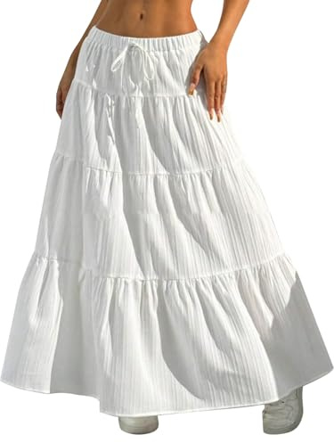 Jupe Femme Élégante Taille Haute D'été Jupes Bohème Chic et Élégante Maxi Jupe A-Ligne Casual Longue Jupes avec Poches Plissée Été Taille Élastique pour Les Vacances et Les Tenues Décontractées