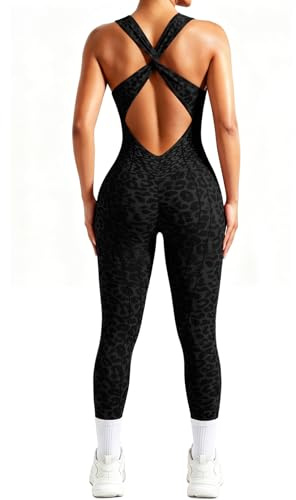 STARBILD Mono Deportivo Mujer Espalda Descubierta, Jumpsuit Sin Costuras Push Up, Body Ajustado Sin Mangas, Una Pieza para Fitness Yoga Gimnasio Ocio, Estampado de Leopardo - Negro S