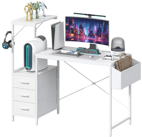 Feonase 47 Computer Desk with 3 Drawers & Shelf, Side Pocket, Dual-Panel 2-in-1 Design, Monitor Riser & Lamp Holder Compatible, Reversible Gaming Desk for Home Office Study White (120x57x108cm)
