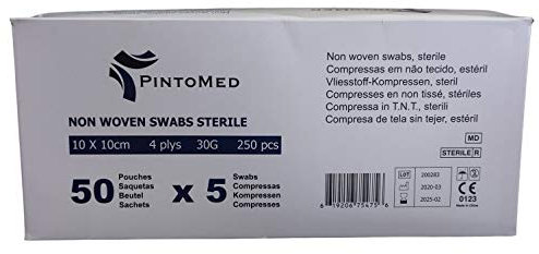PintoMed Vliesstoff-Kompresse, Wundkompressen, Saugstark, Sterile, 4-lagig, 10 cm x 10 cm, Weiß, Total: 250 Stück - 50 Beutel x 5 Kompresse