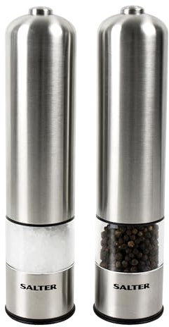 Salter Electric Salt & Pepper Grinder Set - BPA-Free, Spice Mills, One Handed Operation, Battery Powered, 60g Salt Crystals/30g Peppercorns, Brushed Stainless Steel, for Arthritis Hands