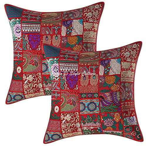Stylo Culture Bohemio Fundas De Almohadones Decorativa 60x60 cm Algodón Abstracto Forros para Cojines Sofa Rojo 24x24 Inch Patchwork Vintage Cuadrado sobre Fundas Almohadones para Sillas - 2 Pcs
