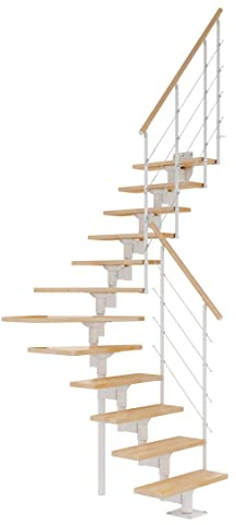 DOLLE Boston Treppe mit Mittelholm, 228–300 cm, 70-cm-Stufen, ¼-gewendelt | Raumspartreppe innen, volle Buchenstufen lackiert, Einzelstabgeländer mit Holzhandlauf, Unterkonstruktion weiß