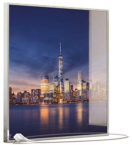 STEINFELD Heizsysteme® Glas Bild Infrarotheizung inklusive TS11 WiFi Thermostat | Made in Germany | Motive 011 New York Tower One (350 Watt, silber/Alu)
