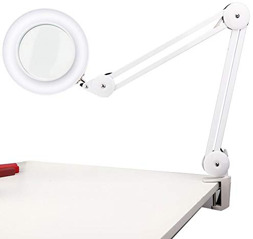 TMISHION 5X Magnifying Glass Led Ring Lamp, Foldable Clip-On Beauty Lamp, USB Tattoo Magnifier Lamp with Warm & Cold Light for Tattoo Manicure Eyelashes Extension Reading(White)