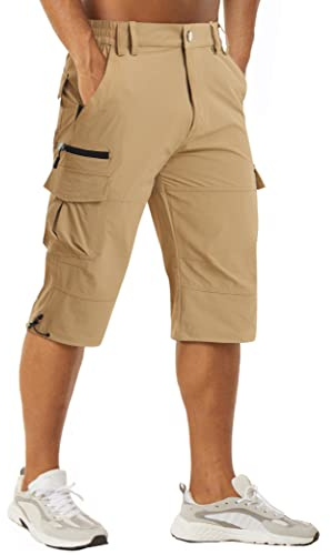 MAGCOMSEN Pantalones cortos de trabajo de secado rápido para hombre, pantalones capri 3/4, bolsillos con cremallera, pantalones cortos de senderismo y escalada