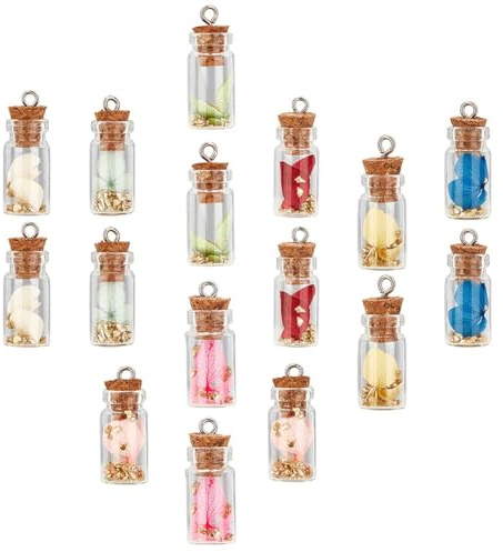 SUNNYCLUE 1 Boîte 16 Pcs Bouteille en Verre Collier Charmes Mini Bouteille en Verre Charmes Souhaitant Collier pour Boucle d'oreille Porte-Clés Décoration Artisanat Fabrication