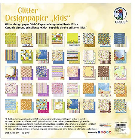 Ursus 71880099 - Glitter Design-Papier Kids, Mix mit 40 Blatt beidseitig bedrucktem Motiv-Papier, 190 g/m², 30,5 x 30,5 cm, Vorder- und Rückseite jeweils unterschiedlich bedruckt