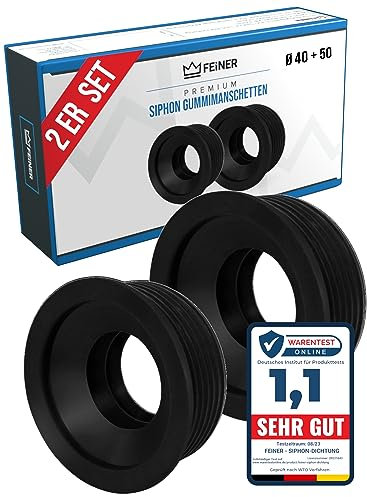 FEINER® Set da 2 sifone – manicotto in gomma 50 32 – diametro esterno 50 mm + Ø 40 mm – entrambi i manicotti in gomma Ø 28 – 32 mm – collegamento a tubi di scarico DN 40 e 50 HT e arco a sifone