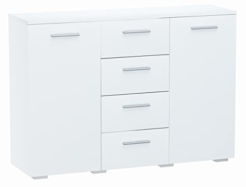 MATKAM Schlafzimmer Kommode mit Schubladen und Türen - Sideboard Wohnzimmer H:84xB:120xT:35 cm - Komode mit 5 Schubladen und 2 Türen - Komodenschrank für Schlafzimmer - Weiß