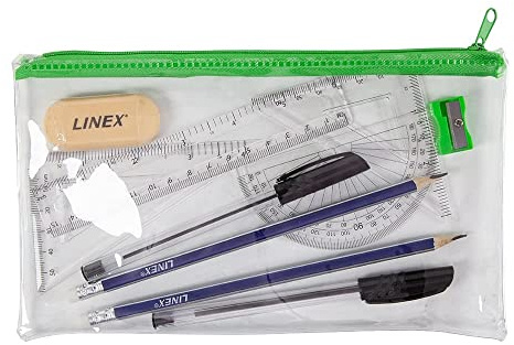 Linex Clear Exam Pencil Case with Maths Set & Stationery, Exam-Approved Transparent Pencil Case with Geometry Tools for School, College & University