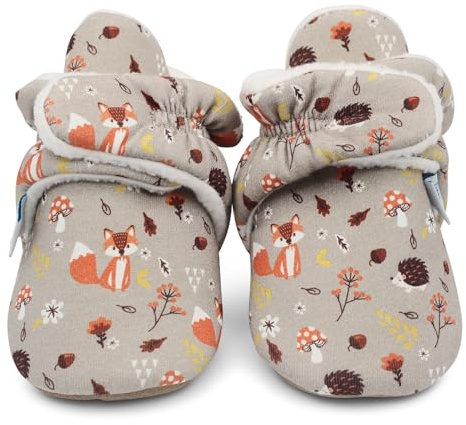 Dotty Fish Baby Stiefel für den Winter - Warme, rutschfeste Krabbelschuhe aus Baumwolle mit Wildeledersohle. Braun mit Waldtieren. 6-12 Monate