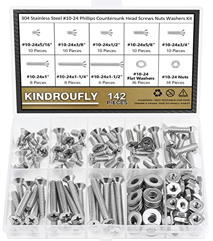 Kindroufly 142 Pieces #10-24x 5/16, 3/8, 1/2, 5/8, 3/4, 1, 1-1/4, 1-1/2, Phillips Countersunk Head Machine Screws Nuts Washers Assortment Kit, 304 Stainless Steel, Fully Machine Thread