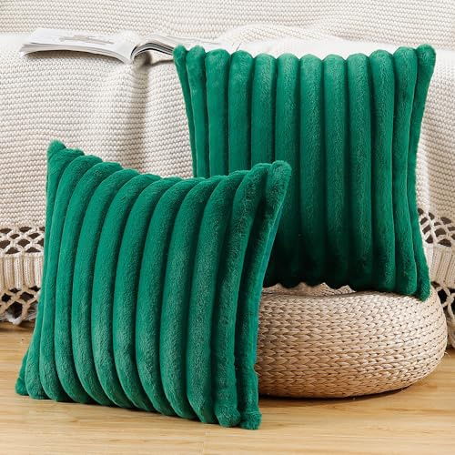 Madizz 2er Set Kunstpelz Plüsch Dekorative Kissenbezüge Flauschig Gestreifte Weich Dekorative Kissenbezug für Sofa Schlafzimmer Kissen Shell Grün 40 x 40 cm
