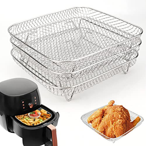 3 Stück Air Fryer Racks, Edelstahl Air Fryer Korb Tray 3 Schicht Stapelbar Dehydrator Racks für Air Fryer Ofen Backen Braten (Quadratisch)