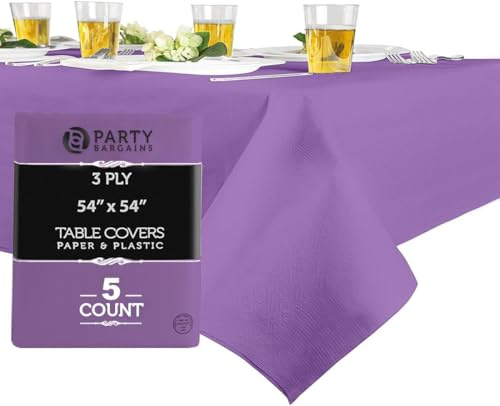 PARTY BARGAINS Disposable Table Covers 54 x 54 Purple – Heavy Duty Paper Plastic Blend Square Tablecloth for Parties & Events, 5 Count