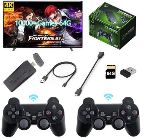 NMIGNH Bastone per videogiochi retrò, console di gioco retrò integrata, oltre 10000 giochi, 4K HDMI nostalgia stick per TV, plug and play, doppio controller da 2,4 G (M8 64G)
